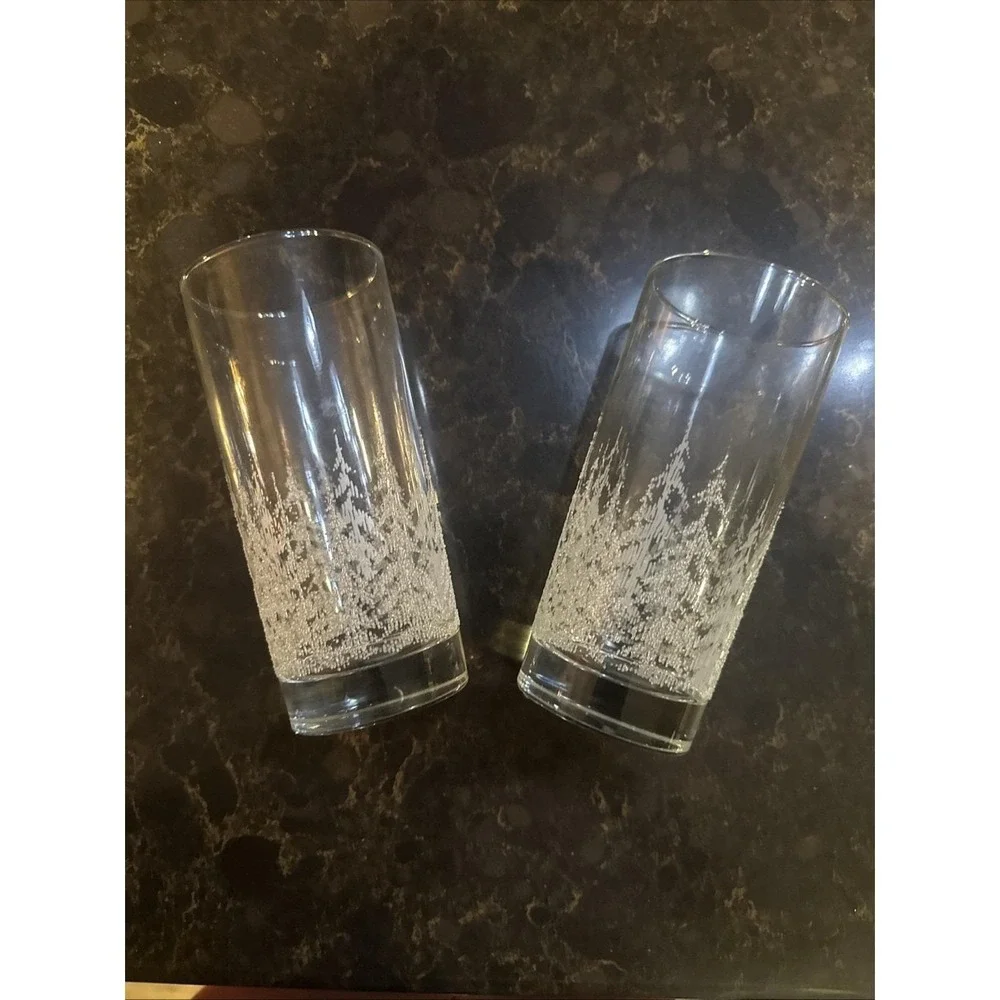 Vintage Frosted White Pine Tree Highball Glasses Set of 2 Winter Forest Tumblers